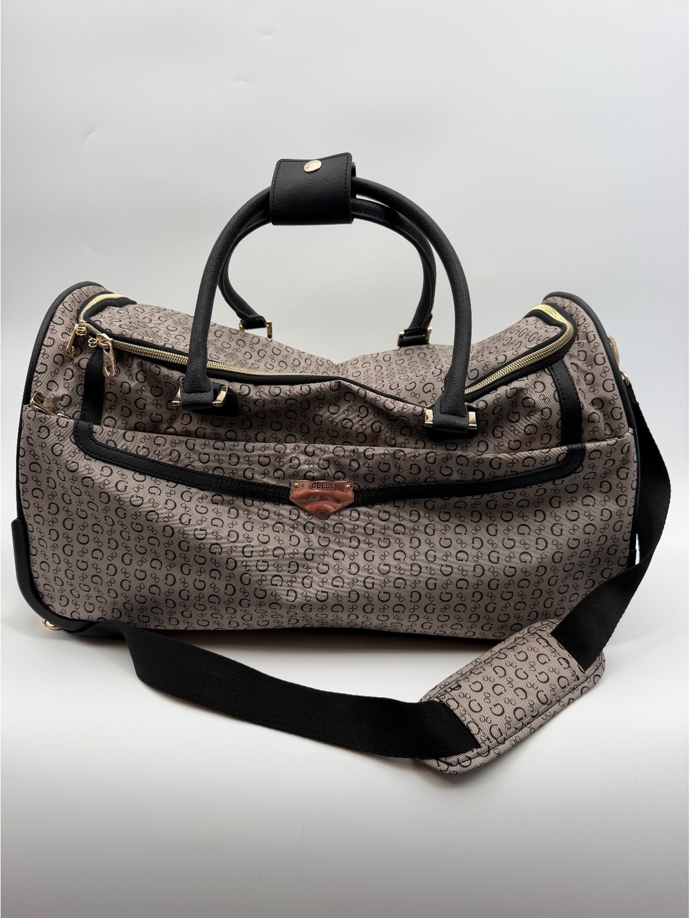 Guess Gray logo print rolling duffel bag with wheels and shoulder strap